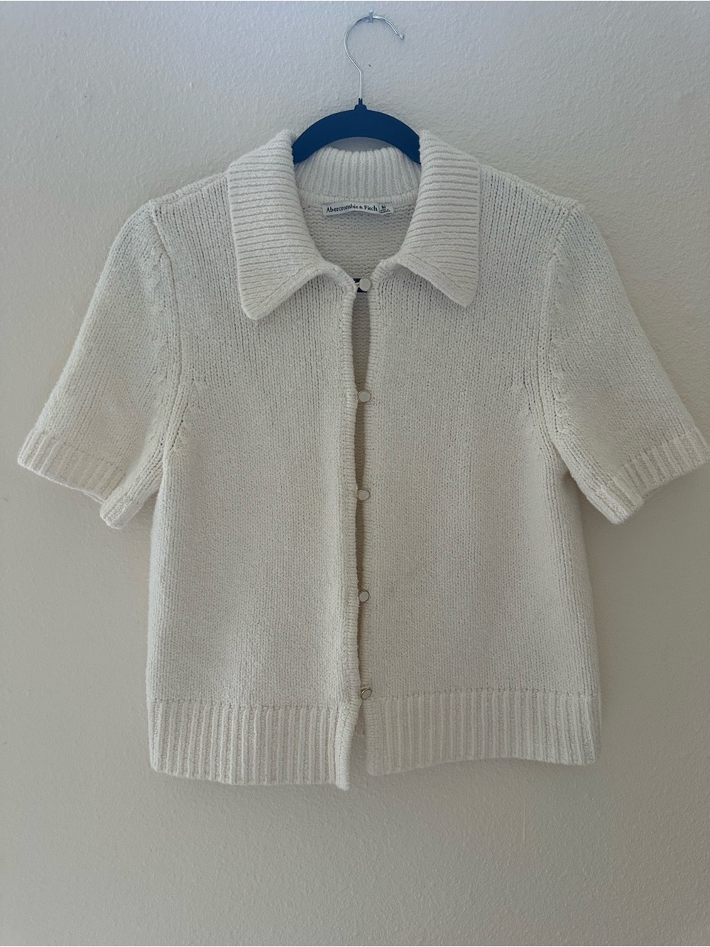 Abercrombie & Fitch Cream Short-Sleeve Collared Knit Cardigan